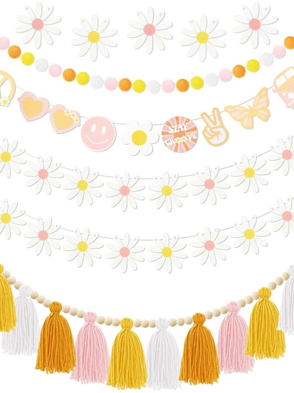Groovy Boho Daisy Garland Set, 5 Pcs Hippie Party Banners